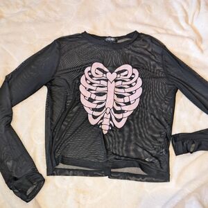 Dolls Kill Black Mesh Top with Pink Skeleton Design